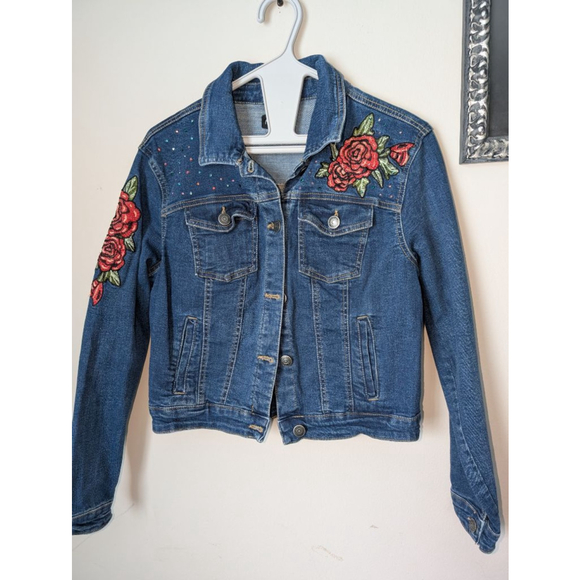 New Look Jackets & Blazers - New Look Blue Jean Jacket with Red Rose Embroidery L, women's